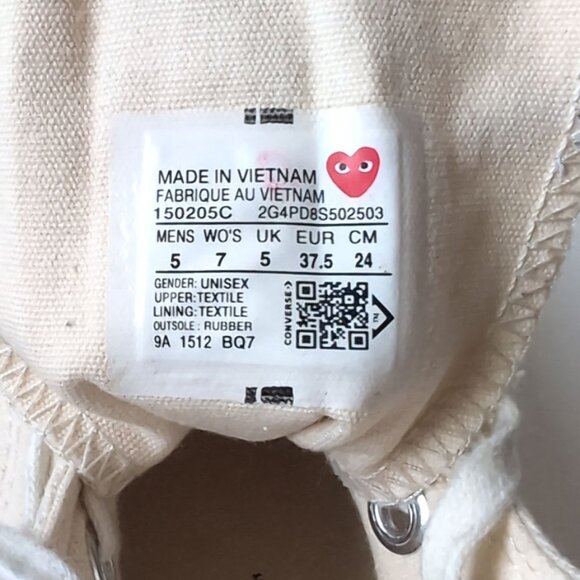Comme Des Garcons PLAY Beige Converse High Top Sneakers Womens Size 7 - Picture 7 of 8